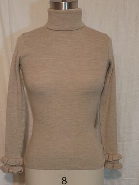 Anne Fontaine Lucile Heather Tan Wool Turtleneck Ruffle Cuff Size 38
